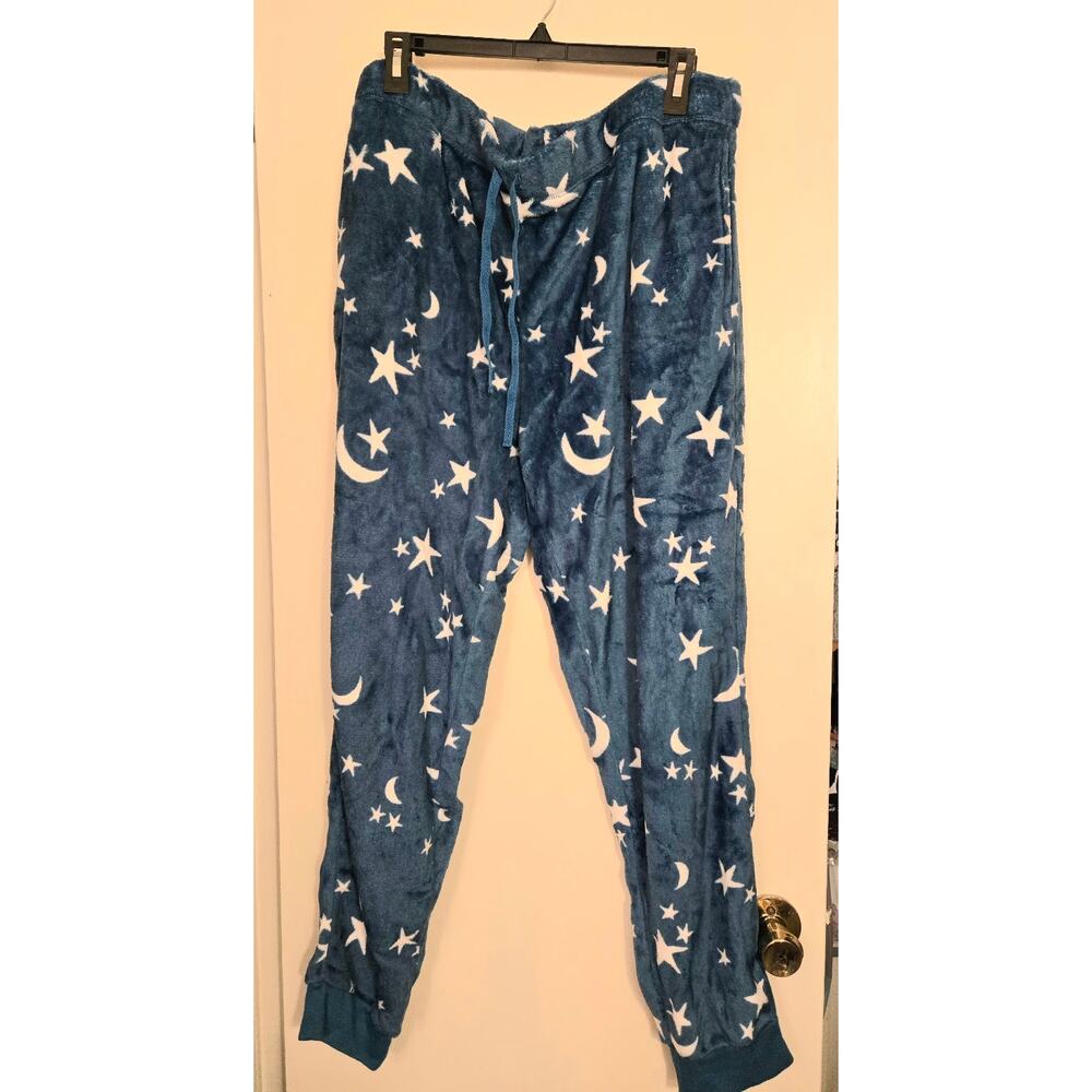 JOYSPUN Women's Navy Blue Celestial Moon Star Plush Fleece Pajama Joggers Sz XL